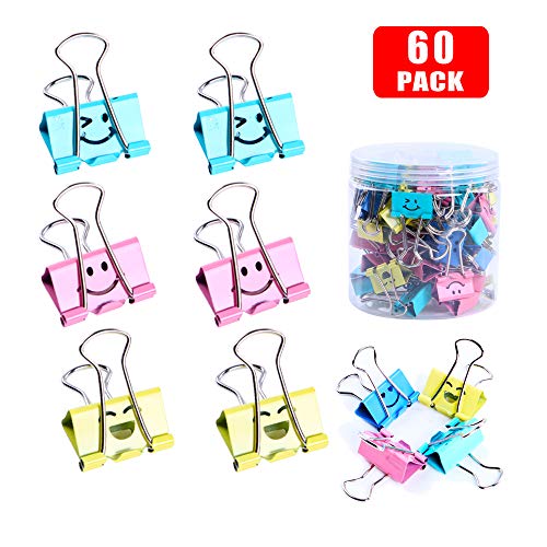 Binder Clips, Limque Paper Clips,Paper Clamps with Colored Cute Hollow Smiling Face,60 Pcs 1inch/25mm Size Clips, for Office,Teacher Gifts and Kitchen,Medium