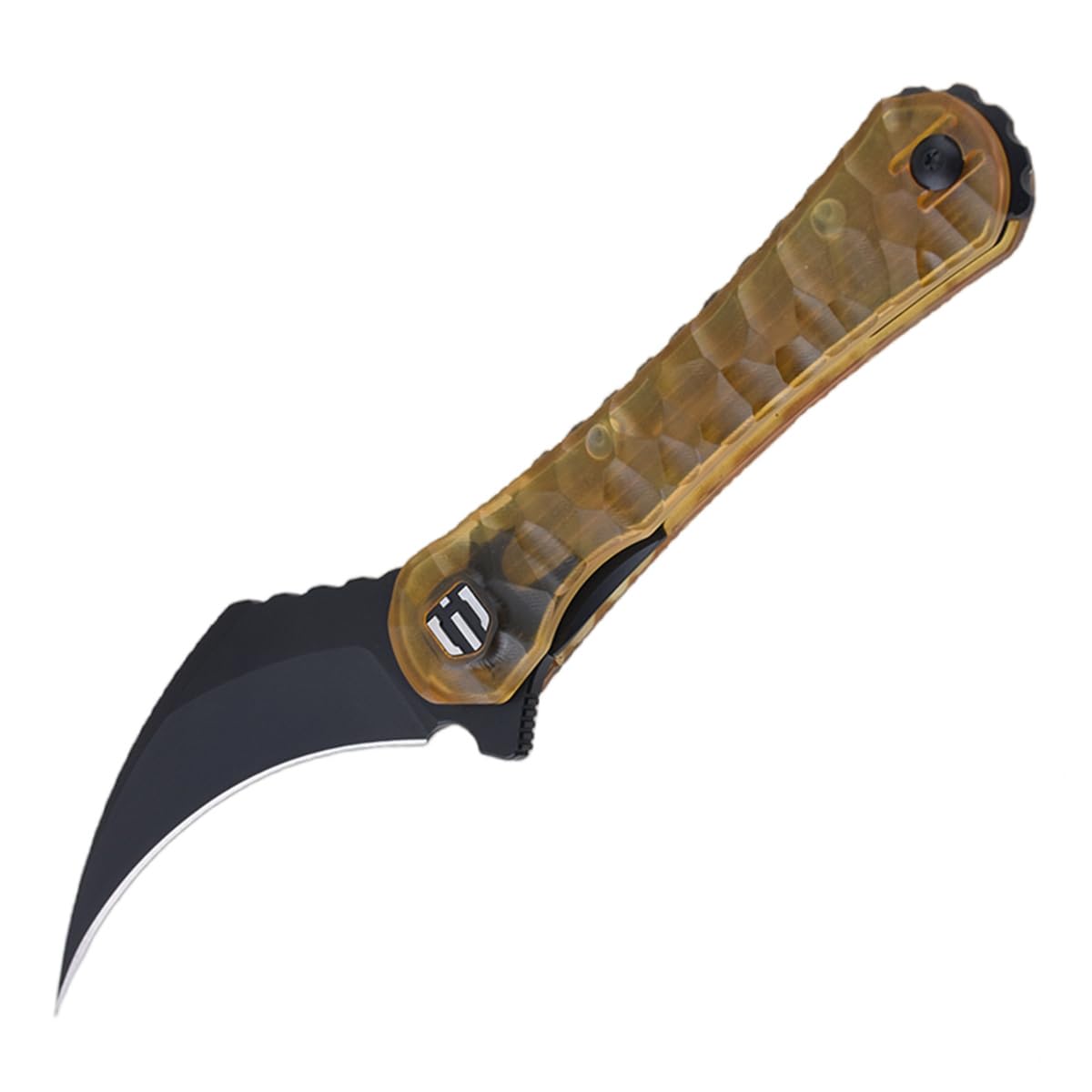 Photo 1 of SHIELDON Scythe(XL) Folding Knife 154CM Steel Titanium Coating 2.92" Hawkbill Point Blade Pocket Knife with Amber PEI Handle and Reversible Wire Clip