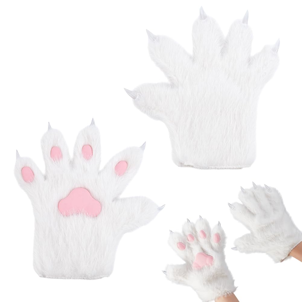 AHANDMAKER 1 Pair Furry Cat Claw Gloves Wolf Paw Gloves Faux Fur Cat Paw Print Mittens Winter Warm for Cosplay Costume Halloween Fancy Party Costume Accessories, White