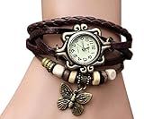PPPerson Fashion Butterfly Pendant Quartz Retro Weave Wrap Around Leather Bracelet Lady Woman Wrist Watch