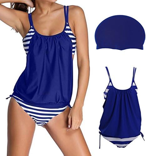 Women's Two-piece Swimsuit Wicking Comfort Tankini StripesTop Swimwear ((US 18-20)XXXL, Blue