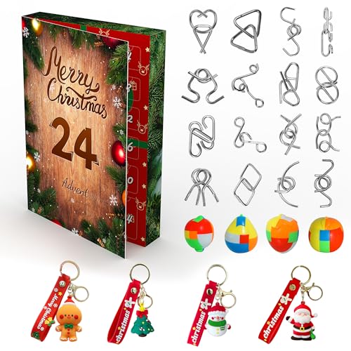 Advent Calendar 2023 Countdown Calendar Gift Box for Teens Kids Adults, 2024 New Year Set of 24 Brain Teaser Puzzles Toys and Silicone Doll Key Rings Include Santa Claus Elk Snowman and gingerbread Man, Christmas Holiday Gifts.