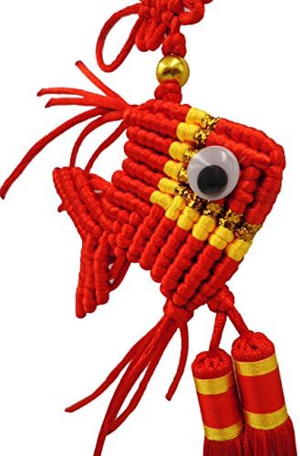Feng Shui Decor, KNOT LOVE Chinese Knot Tassels with an Colorful Angel Fish, Good Luck Charms for Beauty and Wealth, Chinese New Year Decoration, Home Hanging Ornaments (Red with Yellow)