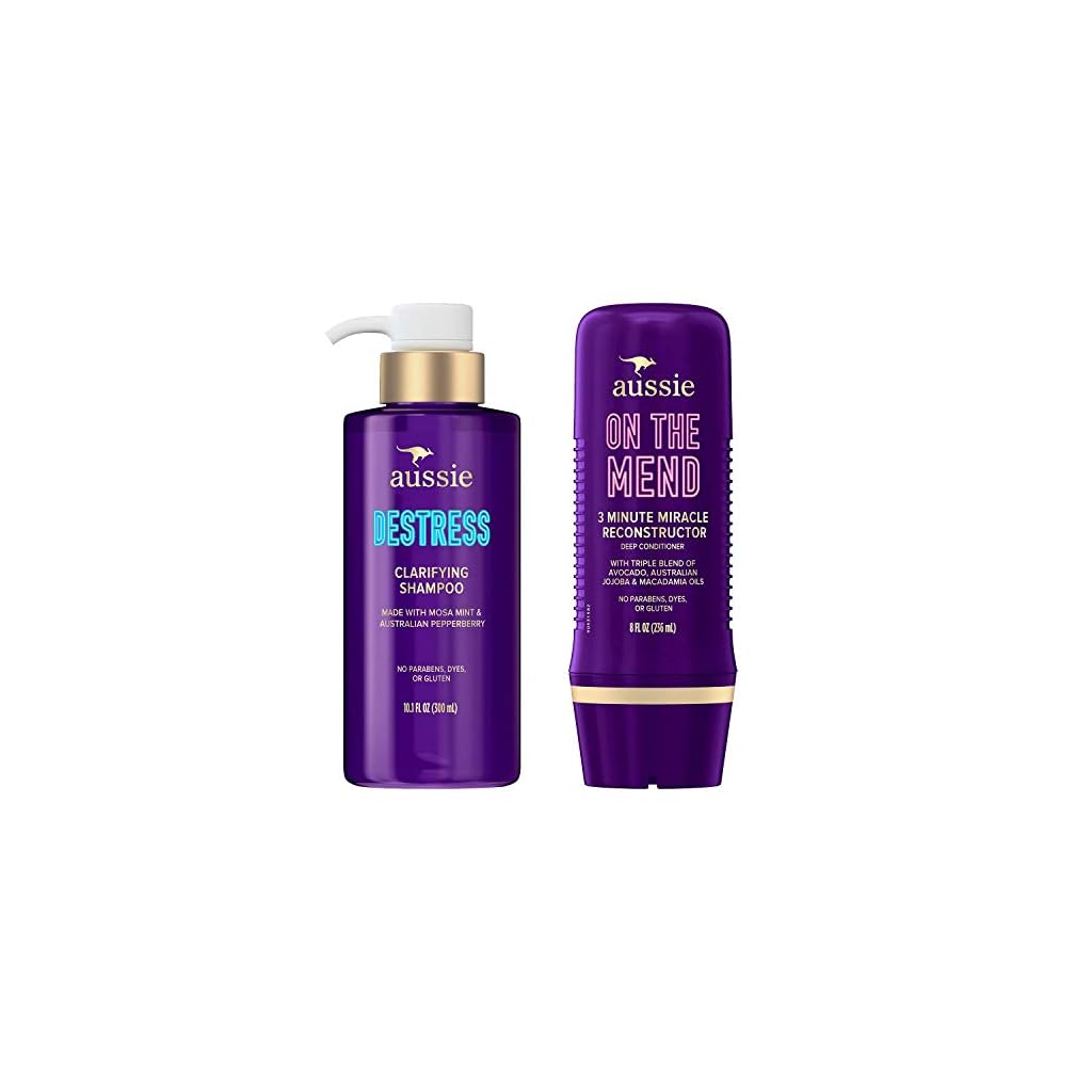 Aussie Destress Clarifying Shampoo & Reconstructing Deep Conditioner Bundle, Paraben and Dye