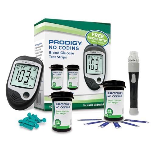 PRODIGY 10500 100ct Test Strips with AutoCode Talking Meter Starter Kit, PRODIGY AutoCode Blood Glucose Talking Meter, No Coding Blood Glucose Test Strips (2 vials of 50ct), Adjustable Depth Lancing Device, Twist Top Lancets 28G (10ct), Carrying Case, Quick Reference Guide, Owner's Manual