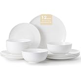 KINGSTONE Bone China Dinnerware Set for 4, 12-Piece Plates and Bowls Set | Lightweight Porcelain Dish Set, Scratch Resistant, Oven &amp; Microwave &amp; Dishwasher Safe, Ivory White