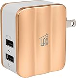 LAX Dual USB AC Power Adapter with Smart iQ Technology – Plug-In Adapter Rapic Charge 3.4A - for iPhone X 8 7 7Plus 6S 6S+, 6 6Plus, iPad Air/Mini, Samsung Galaxy S6, S6 Edge, HTC M9 and More [Gold]