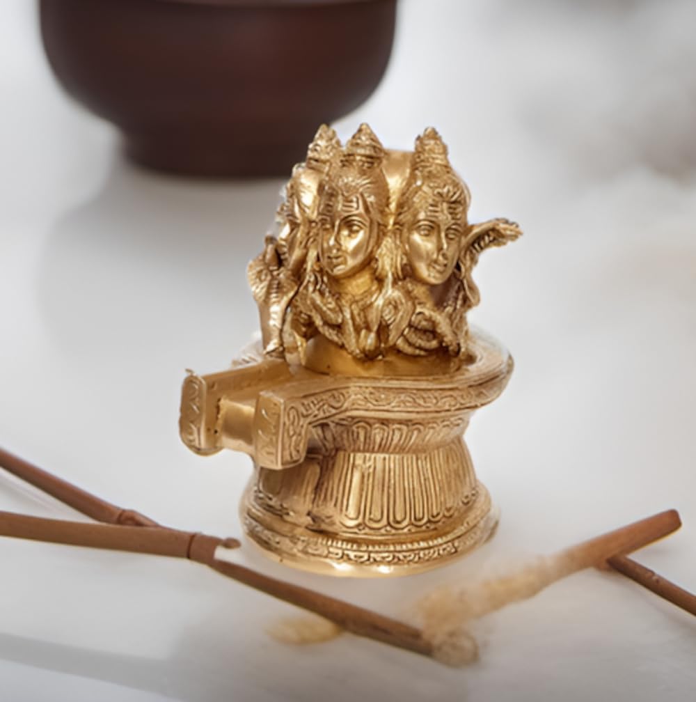 Purpledip Brass Statue Sivaling with 3 Siva Heads: Rare Collectible Idol (12276)