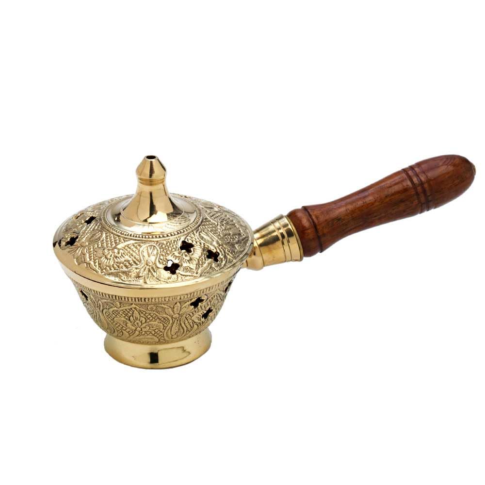 NKlaus Incense Burner With Wooden Handle - Brass Gold Solid Handmade Decoration for Incense Mix - Esoteric 7538 — image 1
