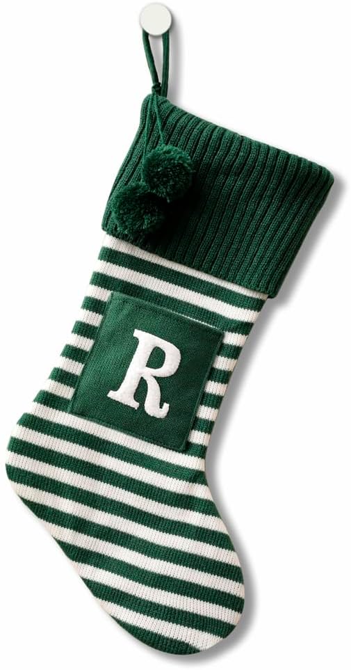 Stockings & Holders - 20 Inches Initial Monogram Embroidered Christmas Stocking Striped knitted Christmas Decorations Stocking Red,White, Green Letter Stockings for Family Holiday and Xmas Tree Fireplace Decor-50-R-Green
