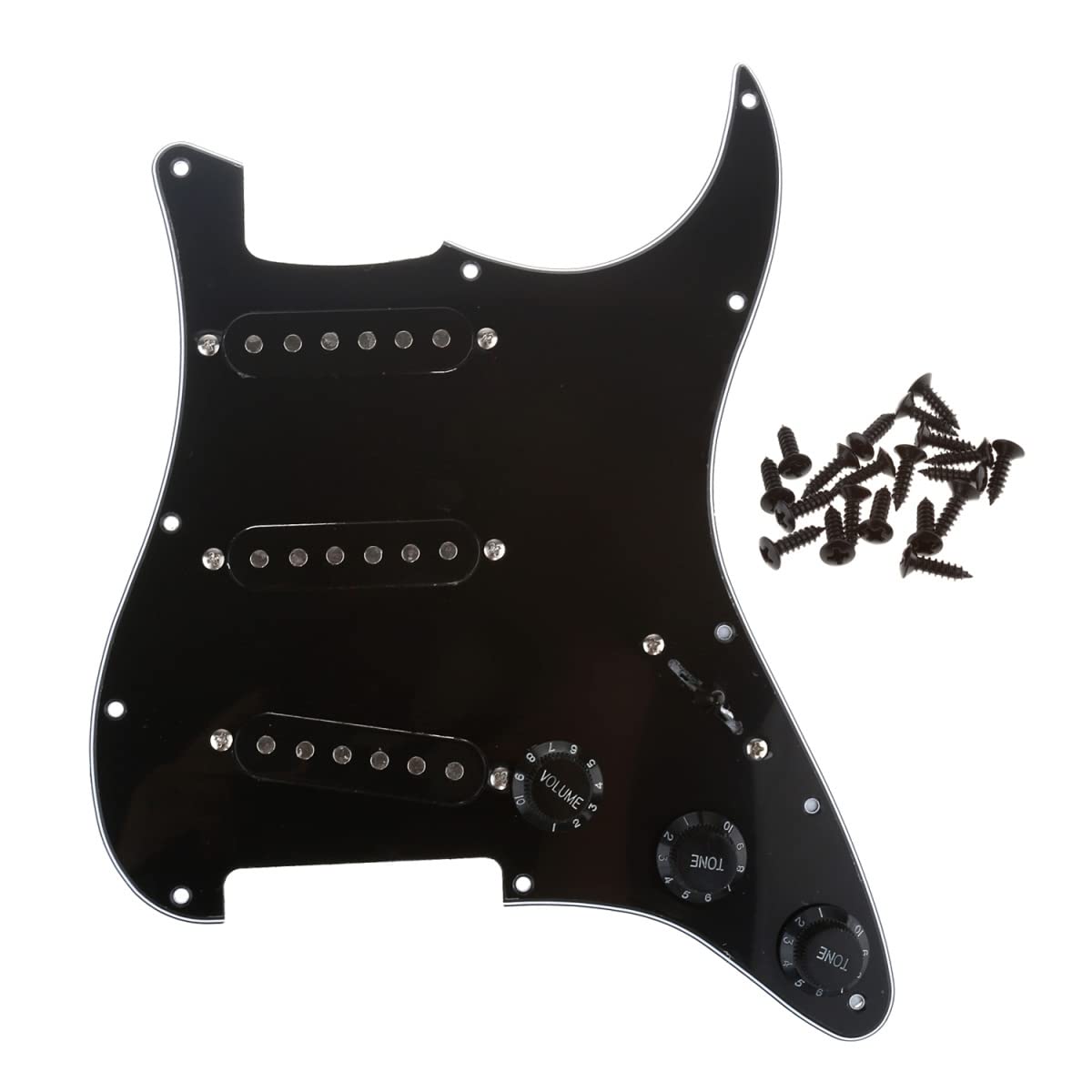 Musiclily 11 Hole SSS Pre-wired Pickguard Strat Loaded Pickguard with Single Coil Pickups Set for Strat Style Electric Guitar,3 Ply Black — image 1
