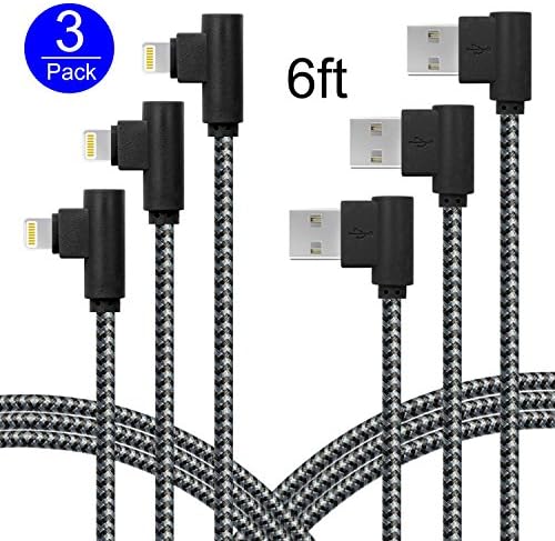 Right Angle Lightning Cable 6ft,90 Degree iPhone Charger Cords,W3D 3Pack Nylon Braided Data USB Cable Speed Sync and Fast Charging for iPhone X 8/7/6/5 iPad (Black Grey, 6ft)
