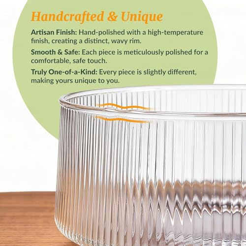 SLEEPHEAD® Extra Large Glass Salad Bowl with Natural Acacia Wood Base, Ribbed Design Oversized Capacity for Family Dinners, Parties, Multipurpose for Serving Salads, Fruits, Wine