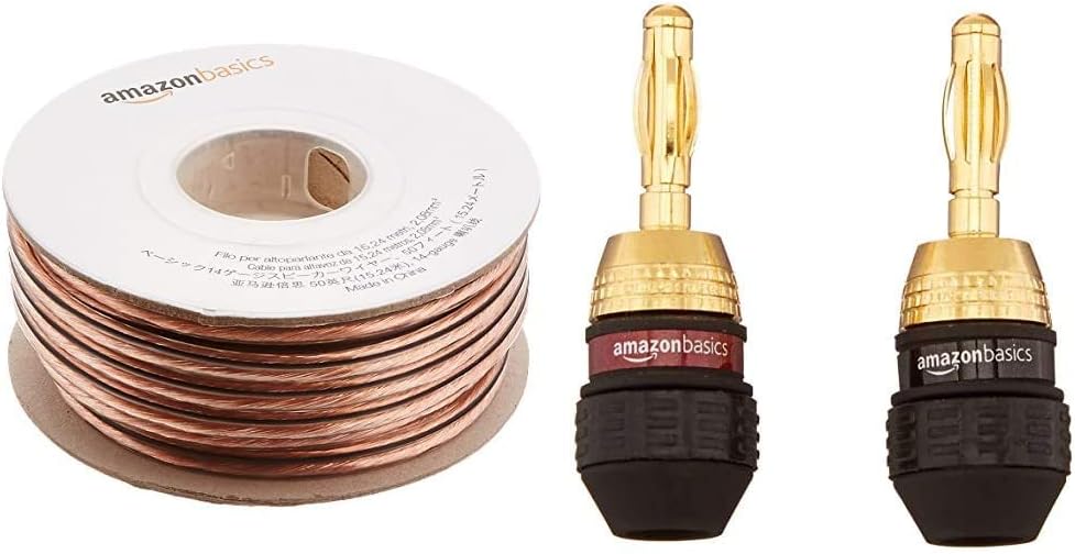 AmazonBasics 14-Gauge Speaker Wire - 50 Feet with AmazonBasics Banana Plugs - Deadbolt Type, 6 pairs