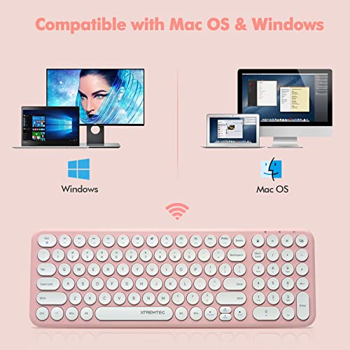 Wireless Keyboard and Mouse Combo, XTREMTEC Cute Keyboard Pink Retro Round Keycap, Ultra Thin Quiet 2.4GHz Retro Kawaii Keyboard for Mac/PC/Laptop (Sakura Pink)