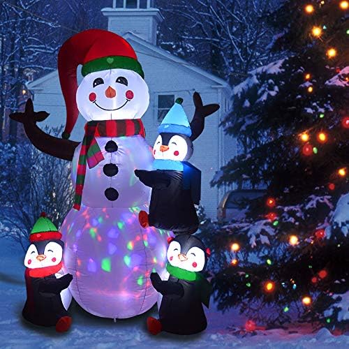 Phoenixreal 6 Foot Christmas Inflatables Snowman with Penguins, Airblown Inflatable Snowman with Red Hat/Branch Hands/Scarf, Lighted for Home Outdoor Yard Lawn Decorations