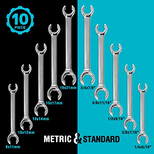GEARDRIVE 10-piece Flare Nut Wrench Set, Standard & Metric, Organizer Pouch Included