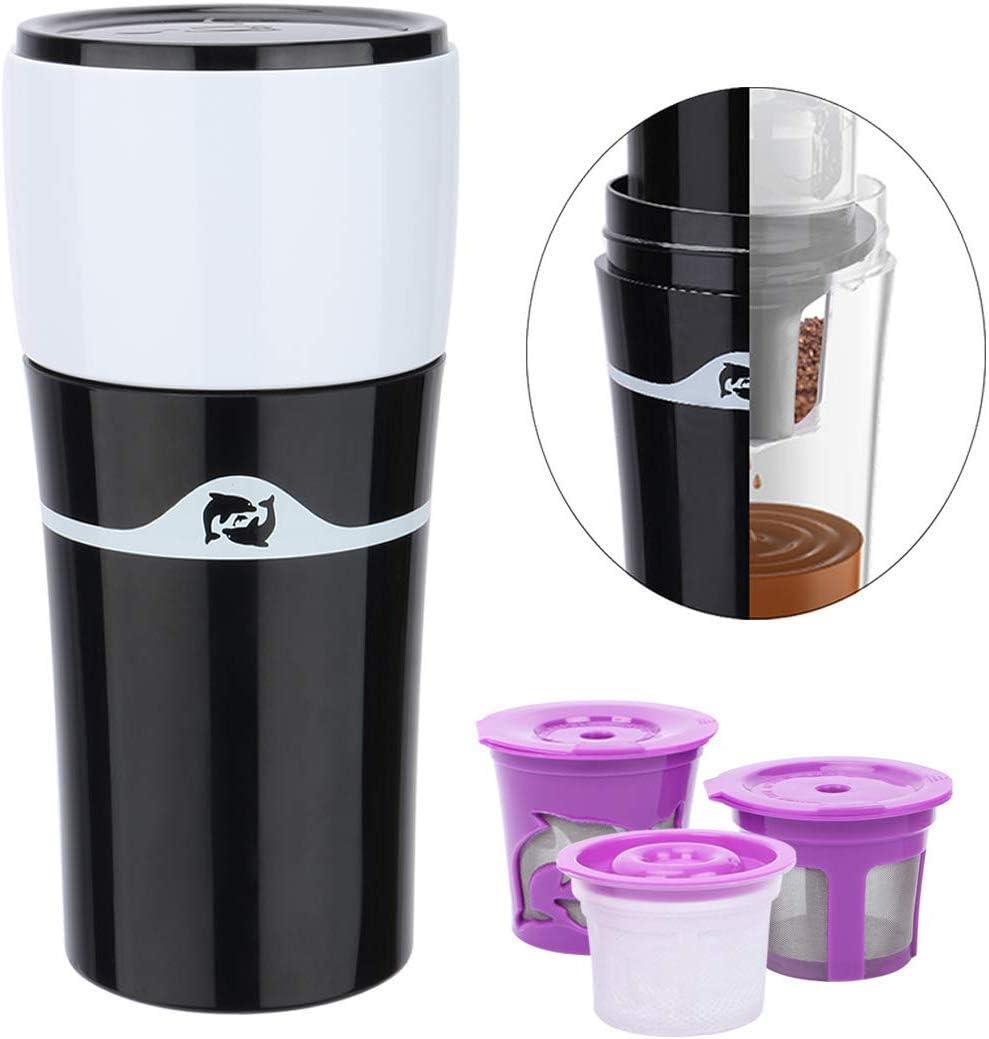Fecihor Mini Travel Coffee Maker, Portable Cold brew Coffee Maker Compatible with 3 Reusable K-Cup Capsule & Ground Coffee Mug for Outdoor, Camping or Office, 15 FL oz