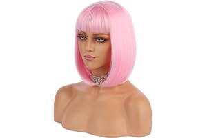 eNilecor Short Bob Hair Wigs 12" Straight with Flat Bangs Synthetic Colorful Cosplay Daily Party Wig for Women Natural As Real Hair+ Free Wig Cap (Light Pink)