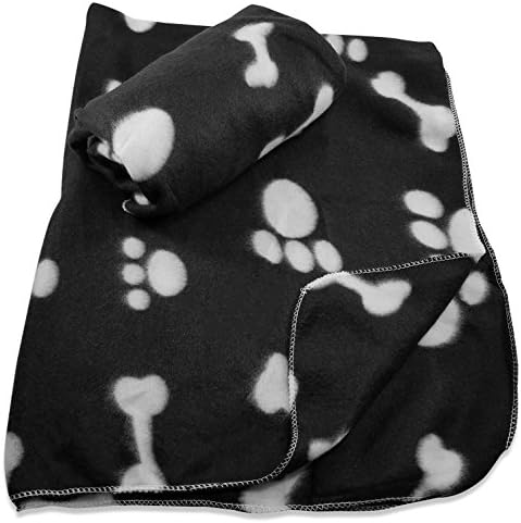 38 x 30 Inch Dog Blanket with Paw Print and Bones Pattern by FIDO Care (Set of 2 Black Fleece)