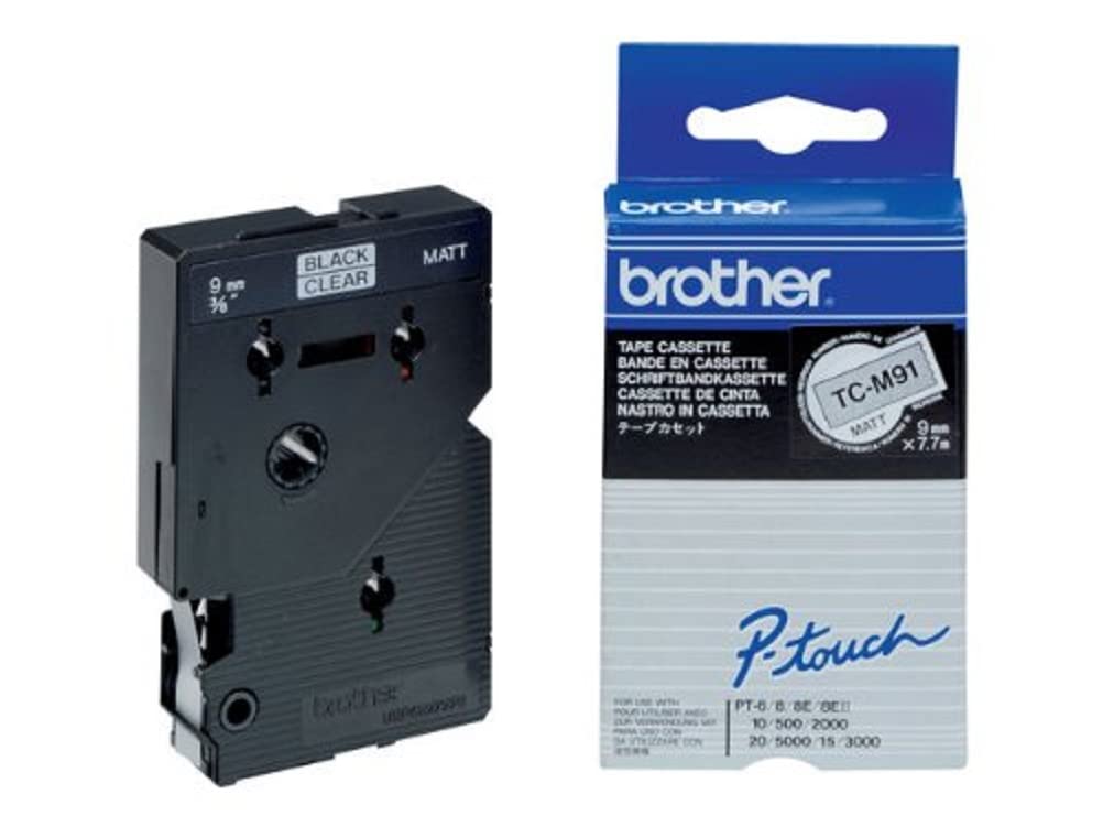 Brother TC-M91 Labelling Tape Cassette, Matt, Black on Clear, 9 mm (W) x 7.7M (L), Laminated, Brother Genuine Supplies