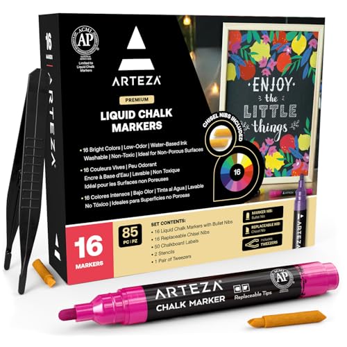 ARTEZA Liquid Chalk Markers, Set of 16 Bright Colors, Water-Based Erasable Chal…