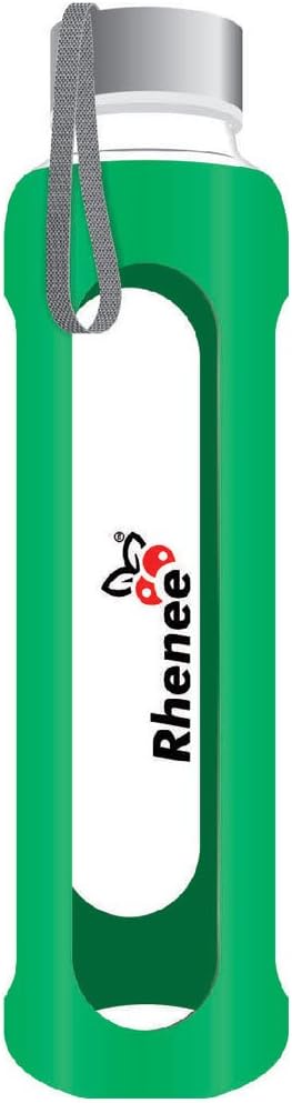 RHENEE Borosilicate Glass Bottle, with Green Silicon Sleeve