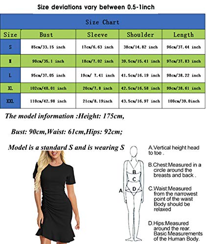 Zaprada Black T Shirt Dresses for Women Casual Crew Neck Short Sleeve Bodycon Dress Drawstring Ruched Ruffle Swing Mini Dress
