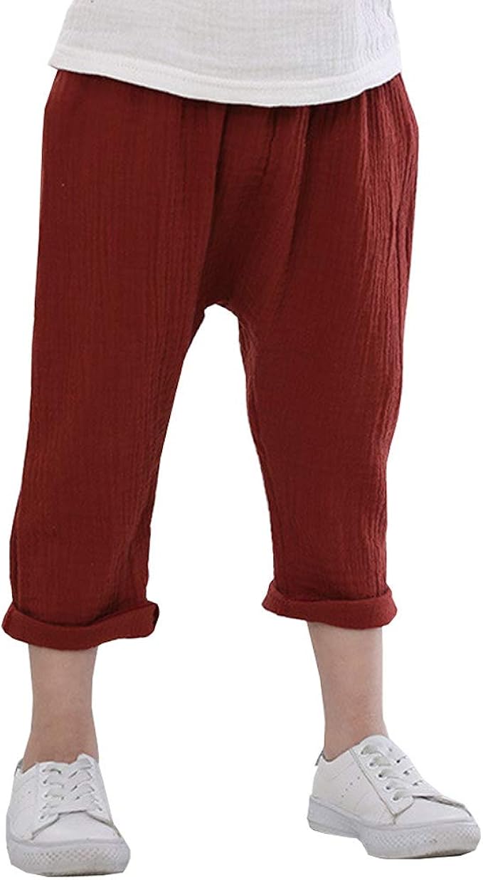 Amazon キッズ ズボン 子供服 ベビー サルエル パンツ 男の子 9分丈 通気性 男女兼用 ワッフル コットン フライス ガーゼ 無地 吸汗 春夏 6色 80 90 100 110 1 130cm ロングパンツ 通販