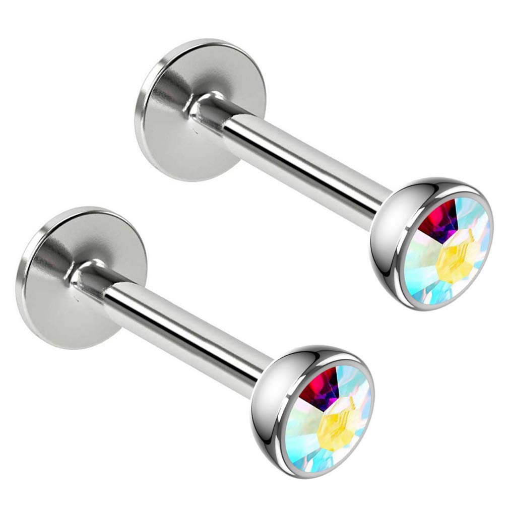 2pc 16g 1.2mm Surgical Steel Labret Bar Monroe Lip Ring 3mm AB Gem Tragus Earring Stud Piercing Jewellery 8mm