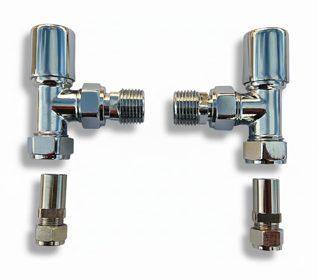 Greened House Milano Angled Chrome 10mm Towel Rail Valves 1/2" /10mm Radiator valves