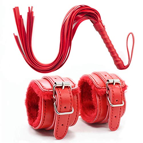 Leather Handcuffs Set Adjustable Handcuffs Whip Wristbands Bracelets with a Tassels, Multipurpose, Red