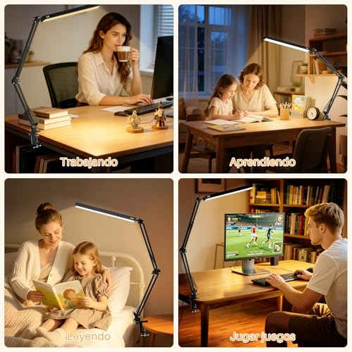 Salandens Lampara de Escritorio, Lampara de Mesa Con Brazo Flexible de 360°, Lampara Led Con 3 Luces Regulables, Blanca, Cálida y Blanca Cálida