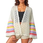 Novelle Fashion Bell Sleeve Crochet Cardigan for Women White | Lightweight Pointelle Knit Open Front Fall Cardigans | Large Size
