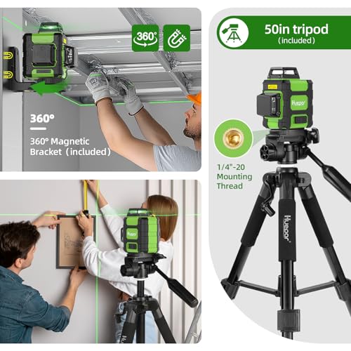 Huepar 3 x 360° Cross Line Laser with 127 cm Tripod, Laser Spirit Level Leveling Device Self-Levelling with Pulse Mode, for Indoor and Outdoor Use, Green Line Laser for Construction Projects and Renovation