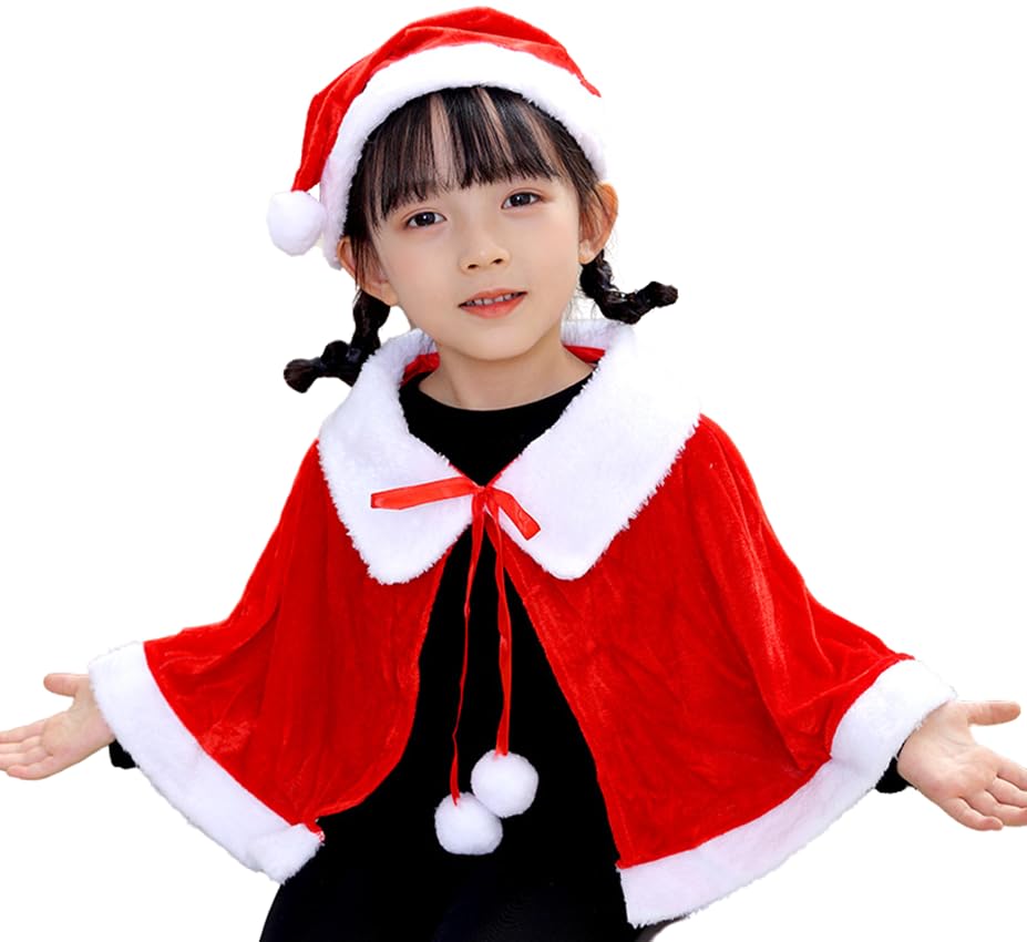 Kids Christmas Cloak And Santa Hat Set Santa Costume Christmas Outfit Fancy Dress Red Xmas Cape And Hat Velvet Santa Claus Short Robe Father Christmas Hat Cosplay Party Dress Up for Boys Girls