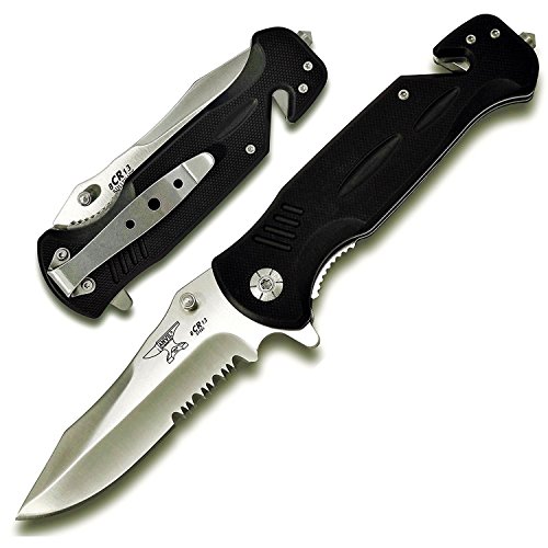 ANVIL BLADESMITHS - BULLSHARK G-10 8CR13 Assisted Open Pocket Knife w/Glass Breaker and Seatbelt Paracord Cutter - Choice of SERRATED OR STRAIGHT Blade (SERRATED BLADE SILVER, 1)