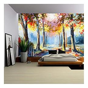 Oil Painting - Colorful Spring Landscape, Road in The Forest, Abstract Watercolor - Removable Wall Mural | Self-Adhesive Large Wallpaper - 66x96 inches