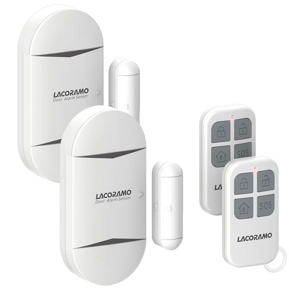LACORAMO Door Alarm Sensor - Premium Quality - Wireless Magnetically Triggered Window Alarm, 130 db Siren Security Entry Burglar Alert with 2 Remote Controls for Protecting Kids Safety, Home, Shop