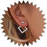 Aneneiceera Vintage Square Ear Jacket Earrings Silver Hollow Square Earrings Square Stud Earrings Geometric Arrow Earrings Minimalist Front Back Earrings Jewelry for Women (Silver)