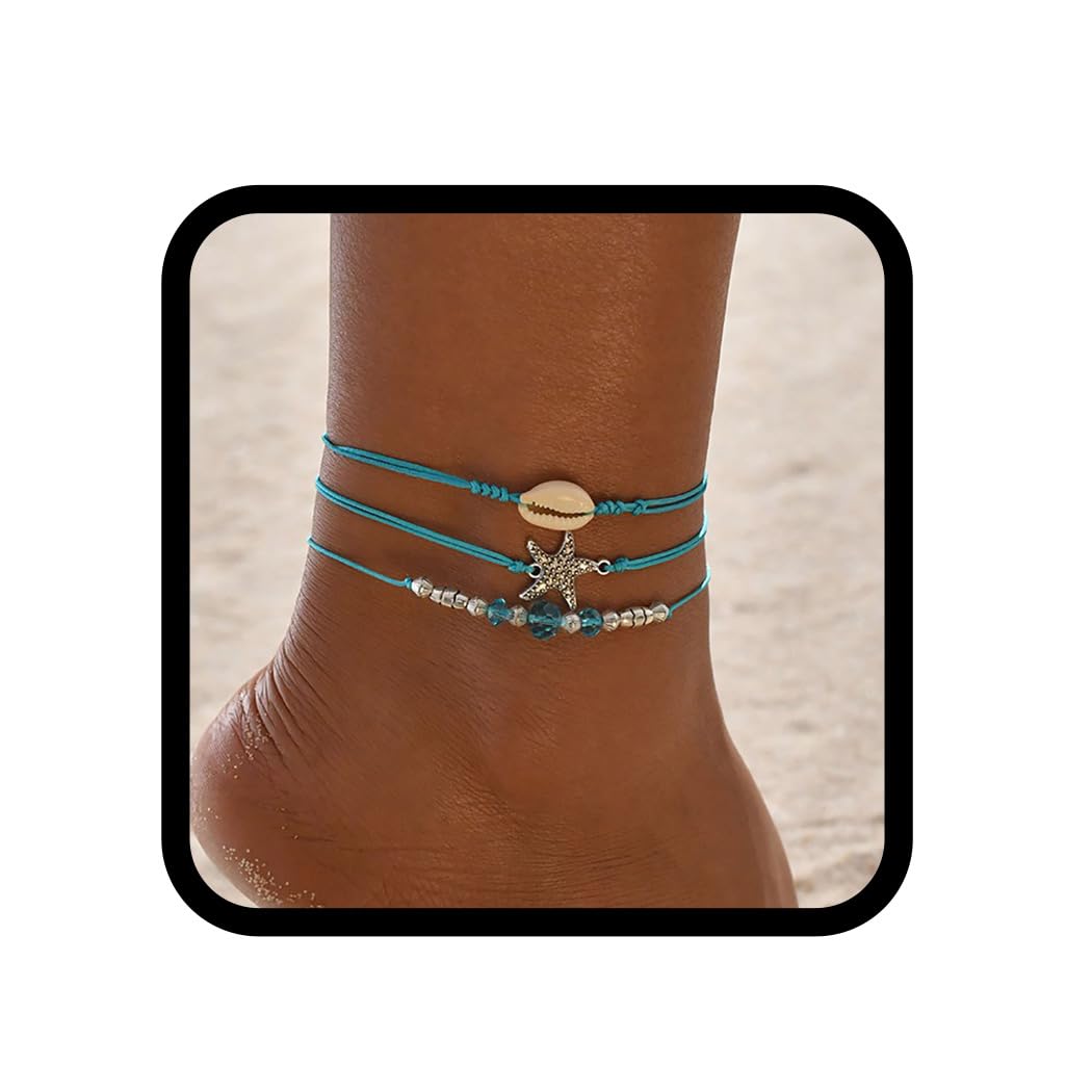 Zoestar Boho Layered Anklet Starfish Ankle Bracelets Shell Foot Jewelry for Women and Girls