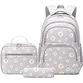 YJMKOI 3Pcs Daisy Prints Backpack for Girls Middle-School Elementary Students Bookbag Set with Lunch Box (Grey)