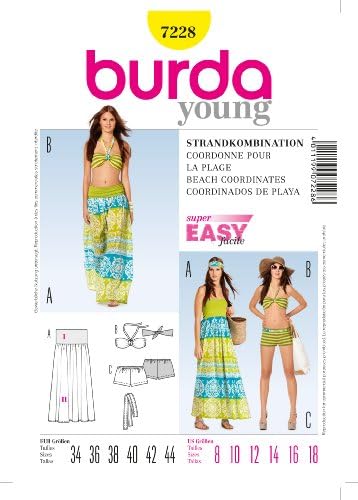 BurdaYOUNG 7228 BEACH COORDINATES - BIKINI/TOP, SWIM SHORTS, SKIRT, HEADBAND SEWING PATTERN MISSES' SIZES: 8,10,12,14,16,18
