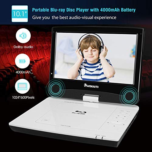 NAVISKAUTO 10.1" Portable Blu Ray Player with Rechargeable Battery Support HDMI Output, 1080P Video, Sync Screen, AV Out & in, Dolby Audio, Last Memory, USB SD