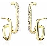Women's 14K Gold Plated Double Twist Hoop Earrings Double Row Simulated Diamonds Illusion Ear Stud Split Huggie Earrings That Look Like Multiple Piercings Stud Earrings