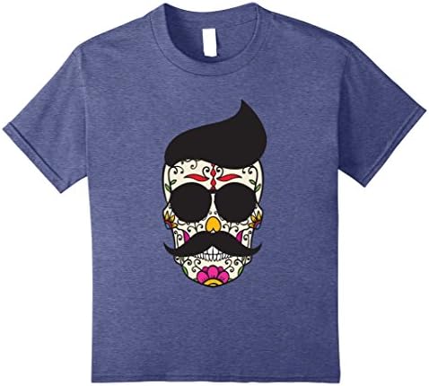 Kids Sugar Skull T-Shirt Halloween Day Of The Dead Mustache 8 Heather Blue