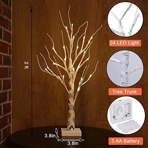 2Pack Lighted Birch Tree for Tabletop, 2FT Birch Christmas Tree with Lights, 24 LEDs Warm White