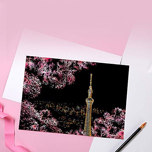 MUGIT Scratch&Sketch Art Paper(A4) for Kids&Adults, Rainbow Painting Night View Scratchboard, Art&Craft, Engraving Art Set: 4 Scratch Cards & Scratch Drawing Pen, Clean Brush (Cherry Blossoms)