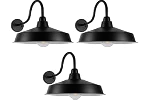Diyel Gooseneck Barn Light Outdoor, 16 Inch Dome Large Farmhouse Exterior Light Fixture Wall Mount, Industrial Outdoor Wall Sconce Outside for House, Shop, Front Porch, Garage, Entryway, Black, 3 Pack