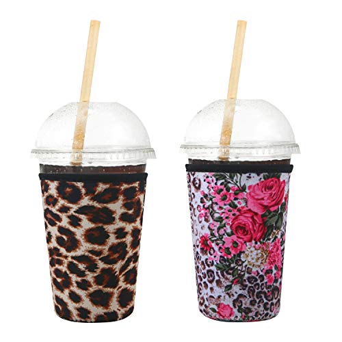 Creatyi 2 PCS Reusable Iced Coffee Sleeve Hot Coffee Sleeve Neoprene Cup Holder Drinks Sleeve Perfect for Your Coffee Drinks (22-25 oz Medium, Leopard print)